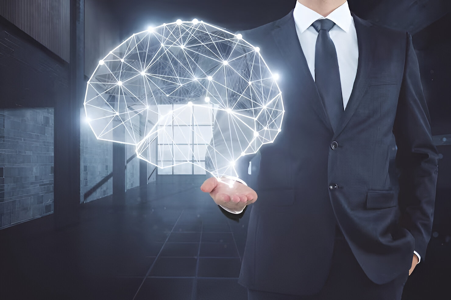 Man in suit projects glowing digital brain hologram, showing Leanne Elich Consulting’s expert business sales solutions.