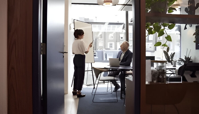 Leanne Elich Consulting woman presents on whiteboard to man with laptop—an experience connecting science and sales.